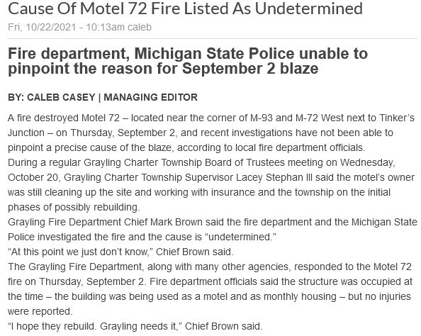 Motel 72 (Roost Motel) - Cause Of Fire Undetermined - Crawford County Avalanche (newer photo)